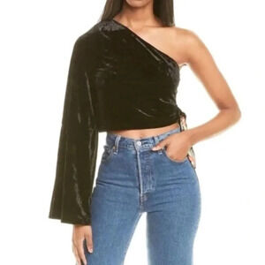 NWT Free People Loving This Green Velvet Top Boho Retro Bell Sleeve One-Shoulder